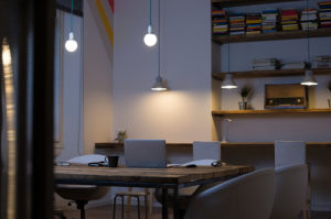 Hanging lights over a table