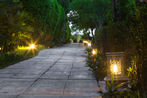 Lighted walkway at dusk