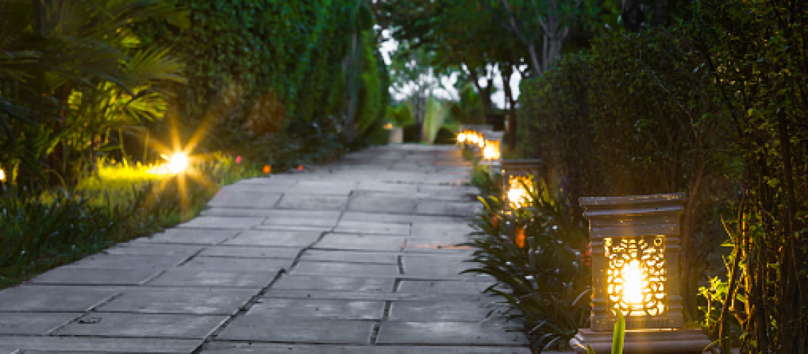 Lighted walkway at dusk